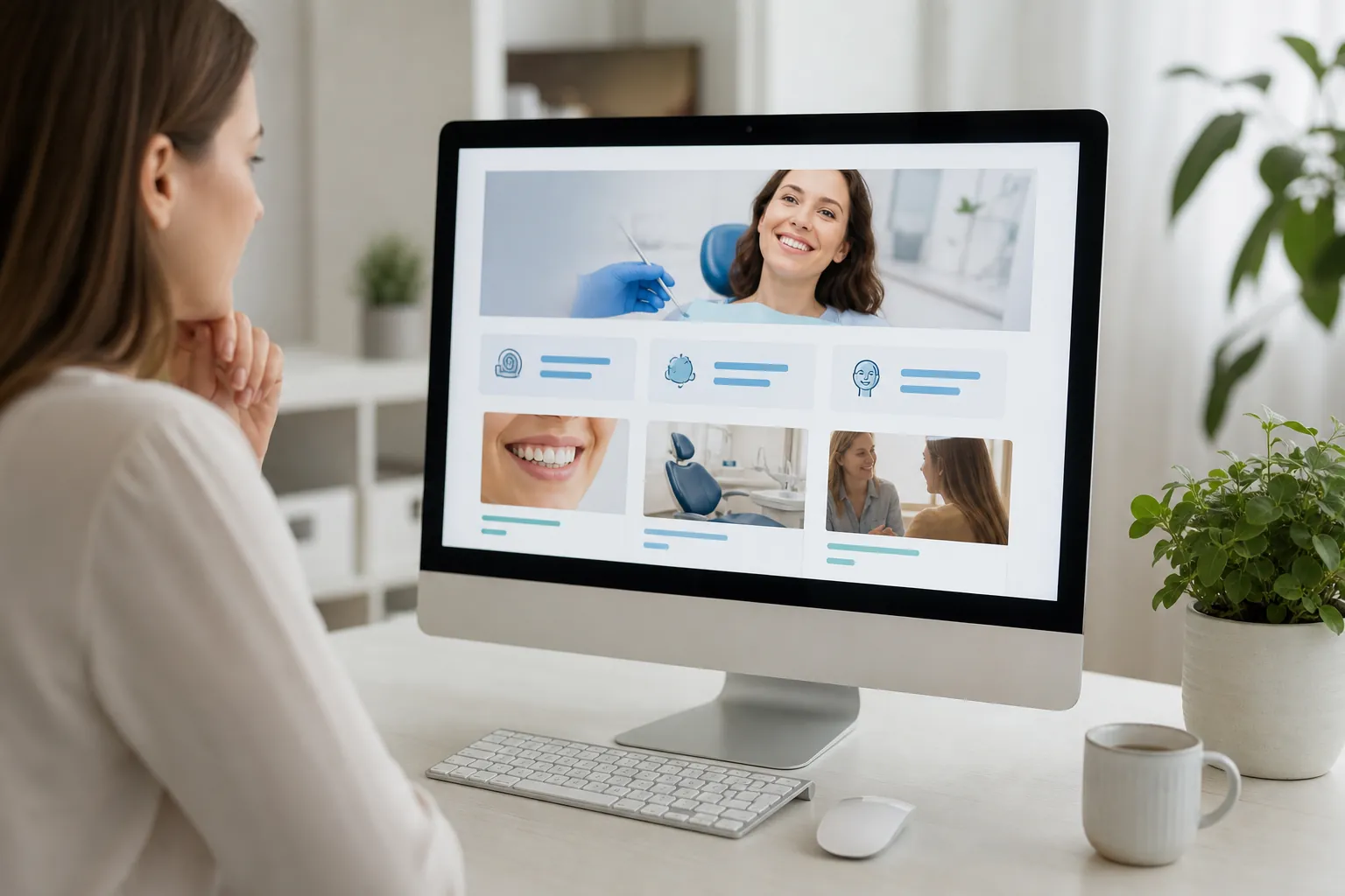 A woman views a dental website on a desktop monitor, with patient photos, blue icons, and a dental chair pictured.