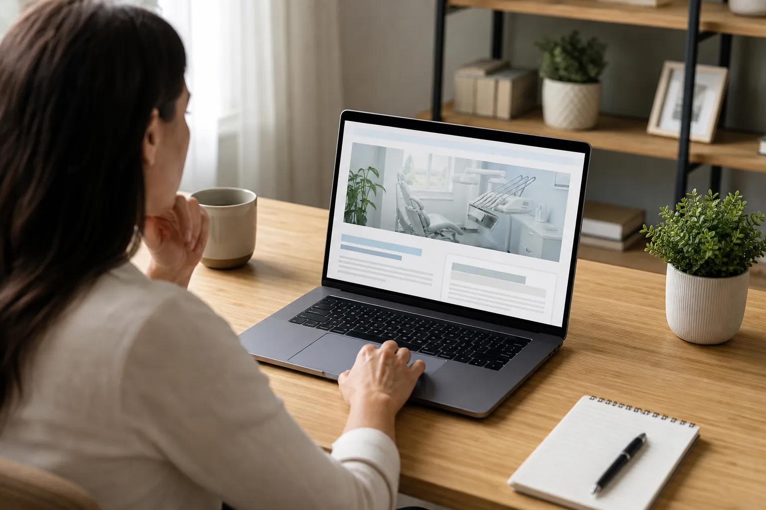 A woman views a dental website on a laptop at a wooden desk with a mug, potted plant, notebook, and pen.