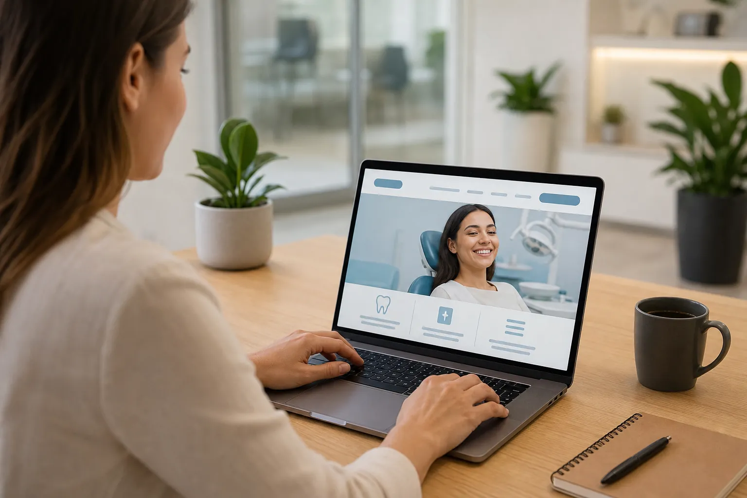 Woman using a laptop displaying a dental website with a smiling patient, tooth icon, and simplified navigation on a wooden desk.