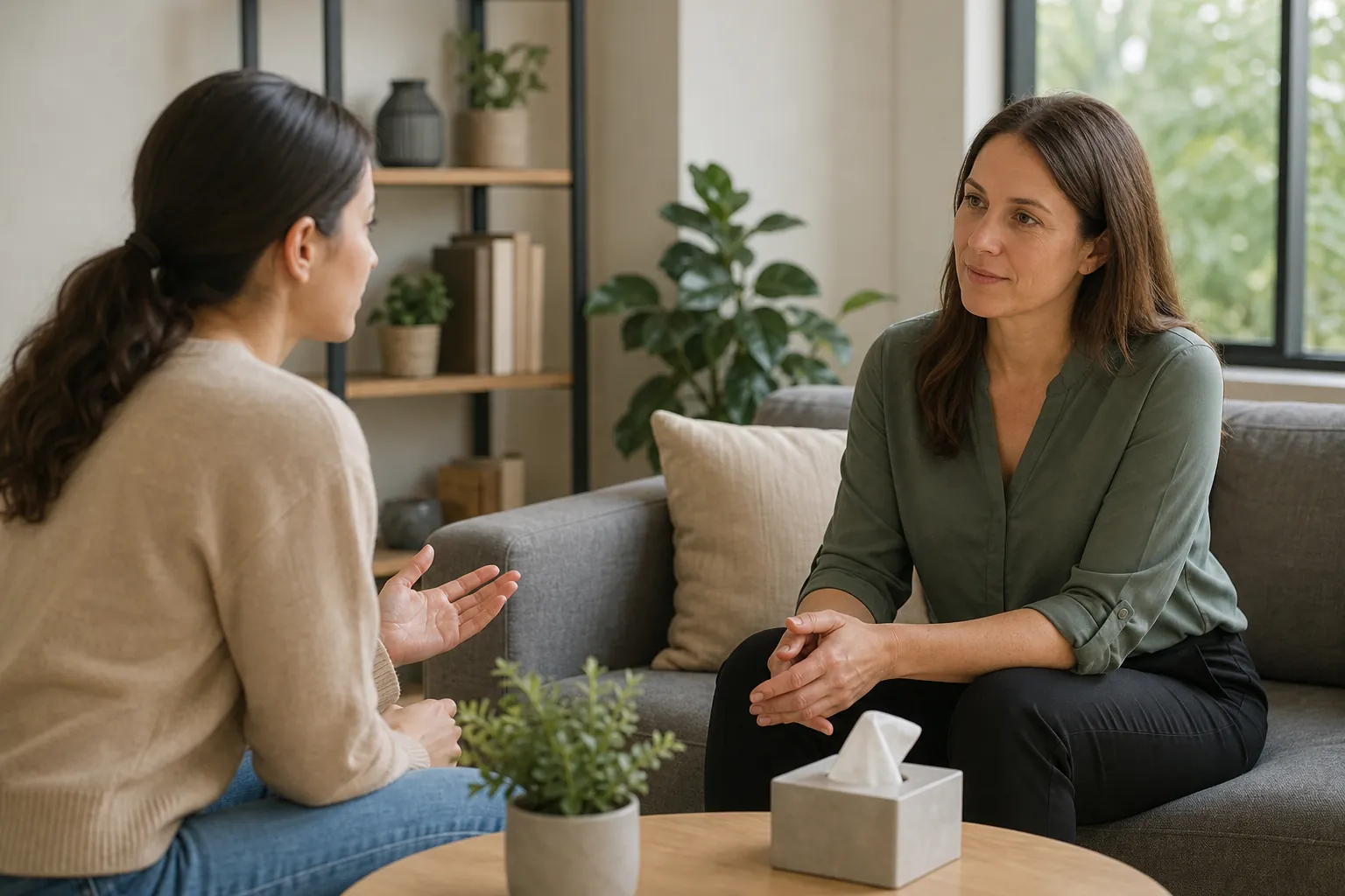 Two women talk in a bright counseling room with a gray sofa, plants, and a tissue box on a round wooden table.