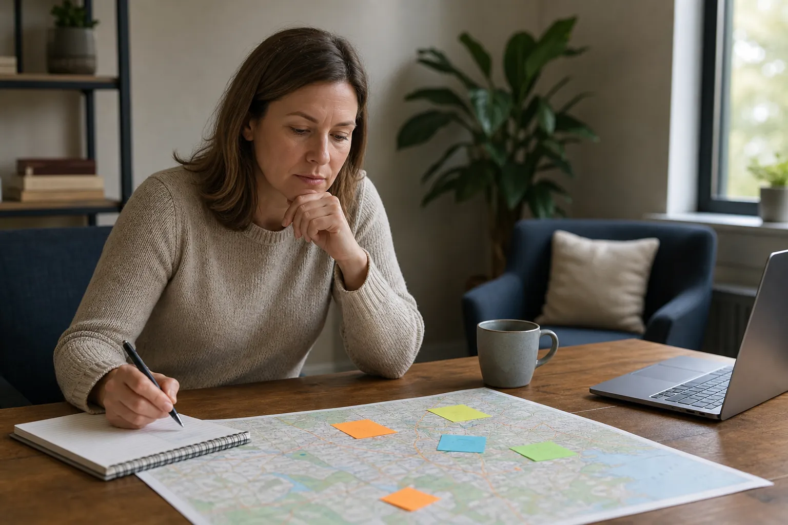 Woman taking notes beside a laptop and a large map marked with colorful sticky notes for selected service areas.