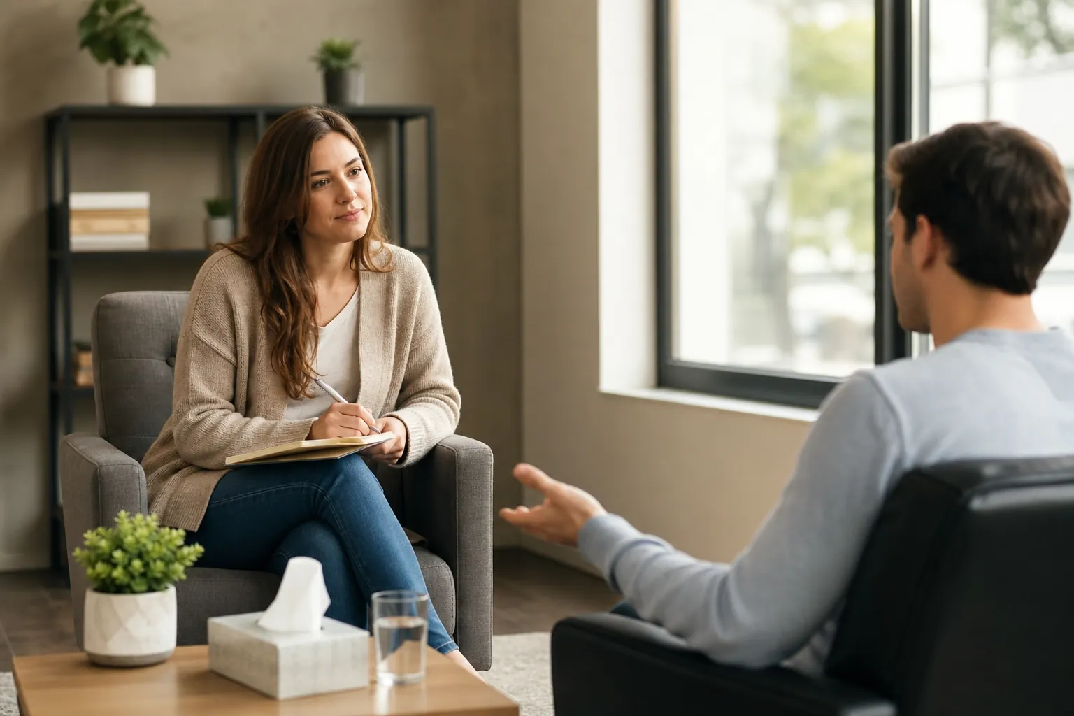 Counselor holding a notepad and listening to a client during a private therapy session in a bright office