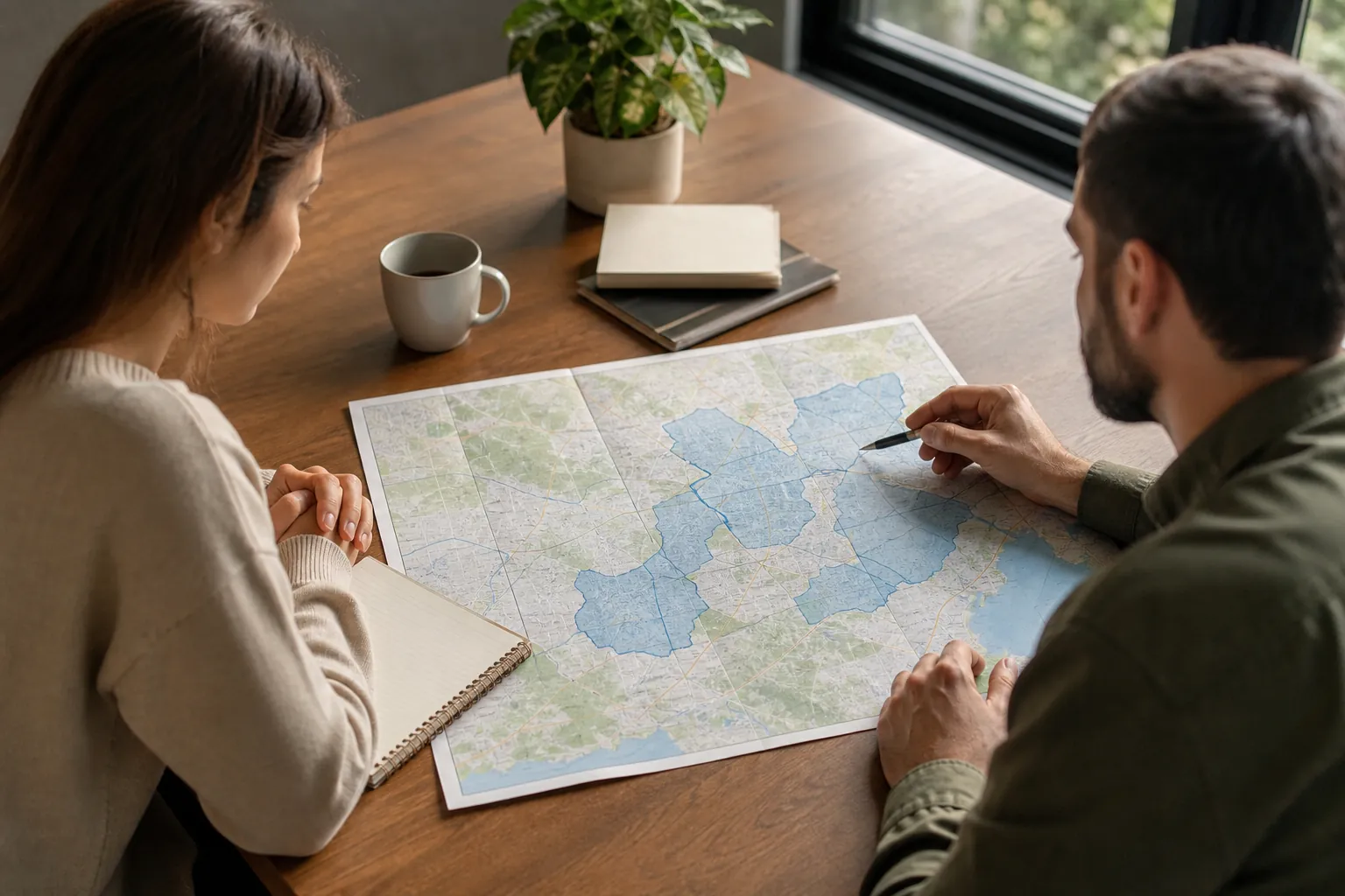 Two people review a printed regional map with several blue service areas highlighted on a table.
