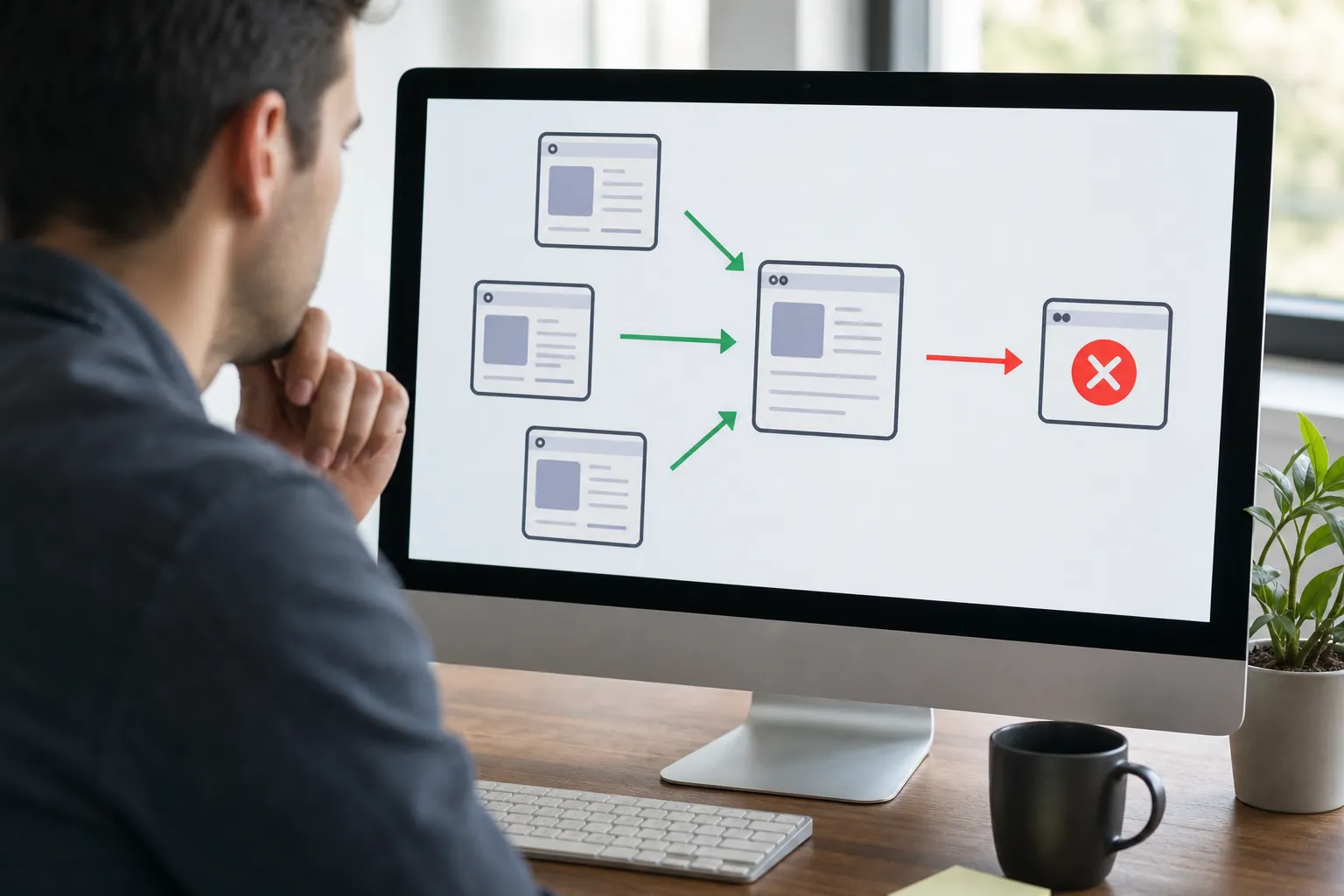 Website Canonical Error Flow Diagram on Computer Man views a website flow diagram with green arrows converging on one page and a red arrow leading to an error.