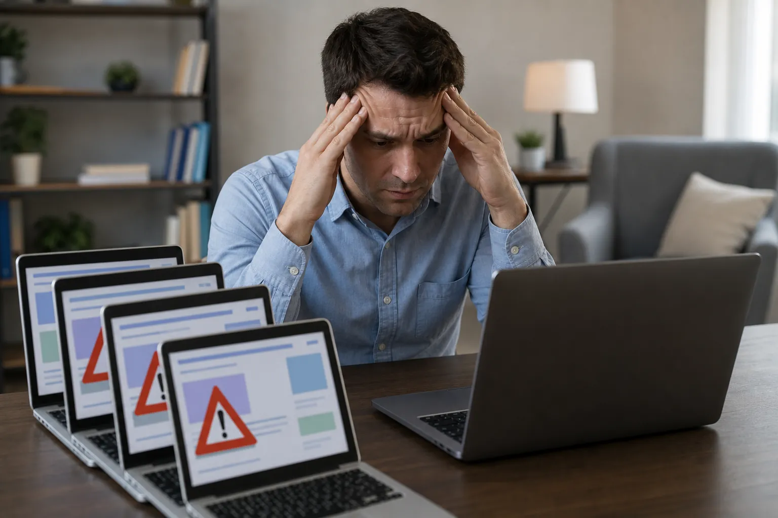 Stressed man at a desk surrounded by laptops displaying warning symbols on generic website layouts.