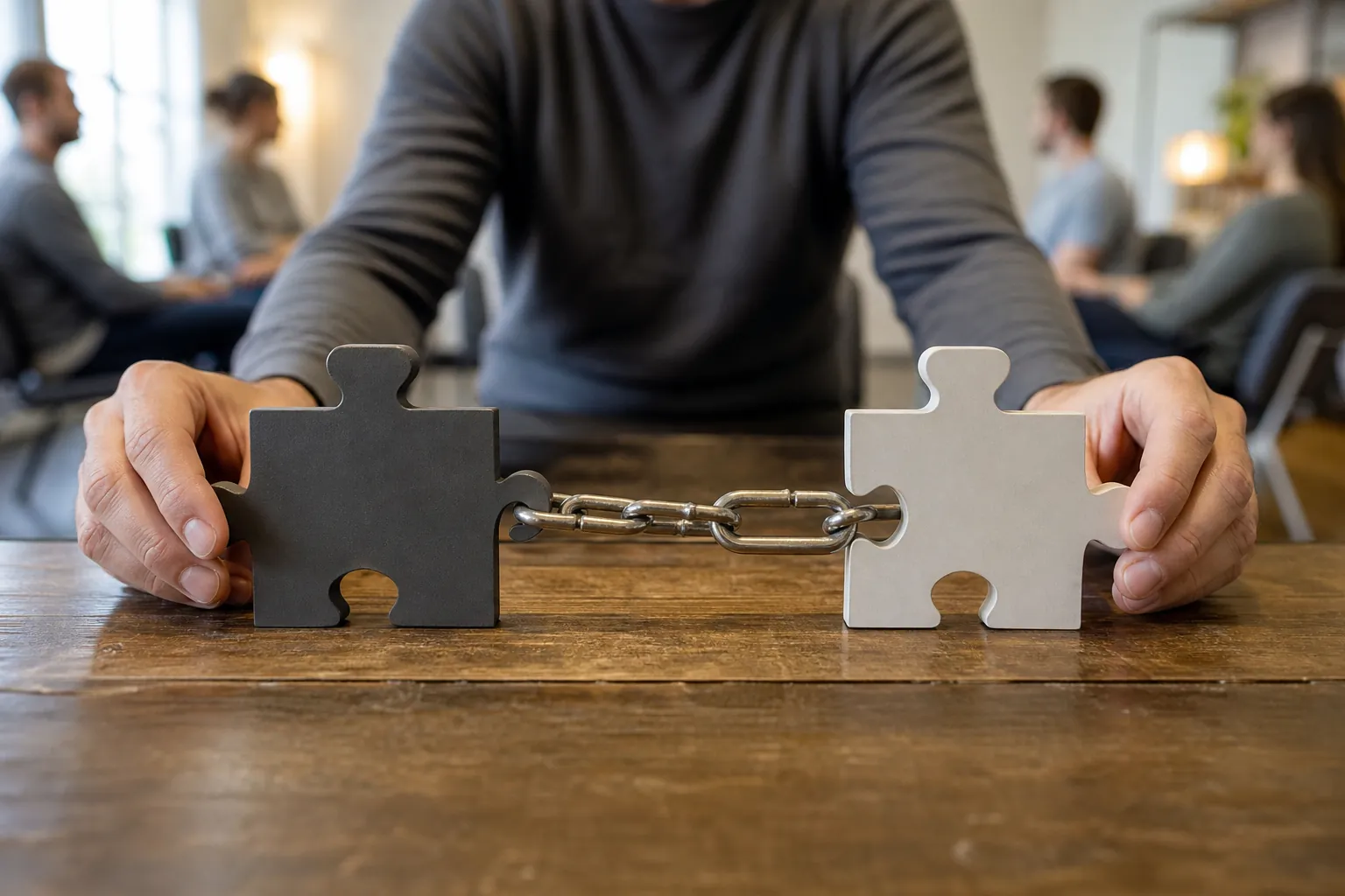 Linked Puzzle Pieces Representing a Canonical Tag A person holds two large puzzle pieces connected by a metal chain on a table, symbolizing a canonical link between pages.