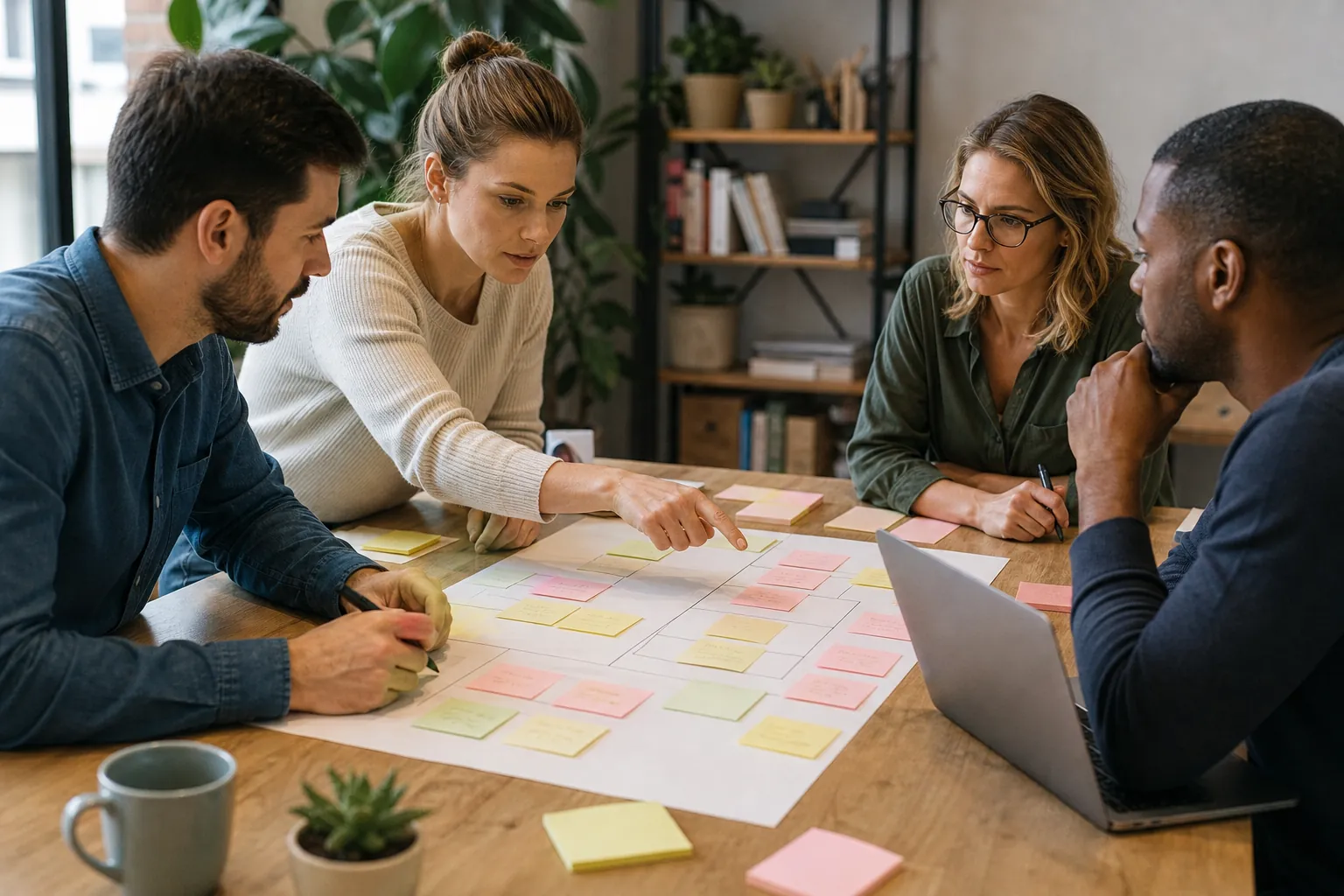 Four colleagues review a page-planning chart with pastel sticky notes on a wooden table beside an open laptop.