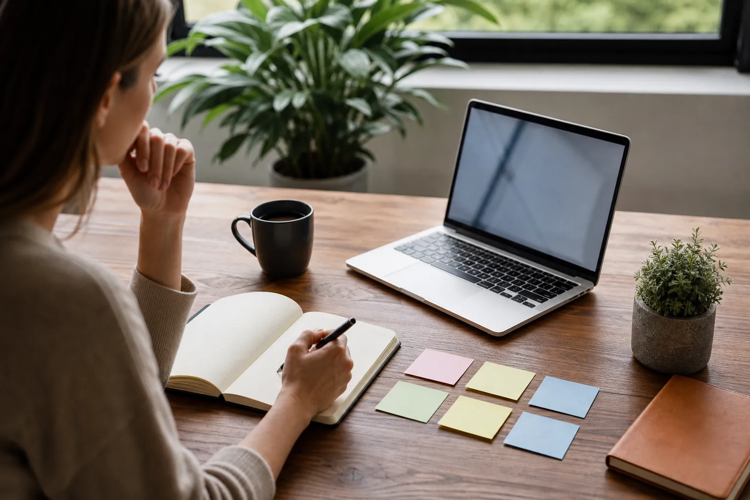 Woman holding a pen over an open notebook beside a laptop, colorful sticky notes, a coffee mug and potted plants.