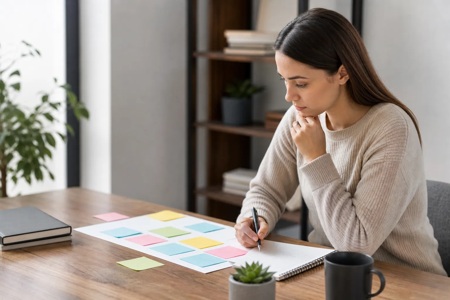 Woman holding a pen over a spiral notebook beside a sheet of colorful sticky notes on a wooden desk.