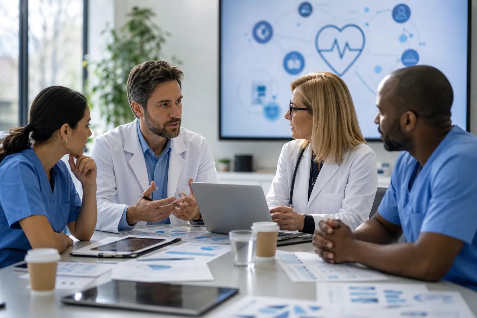 Four healthcare professionals discuss charts around a table with a laptop and tablets, beneath a screen showing medical icons.