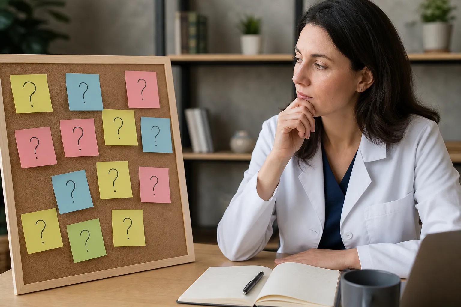 A woman in a white medical coat studies a corkboard of colorful question-mark notes beside an open notebook and laptop.