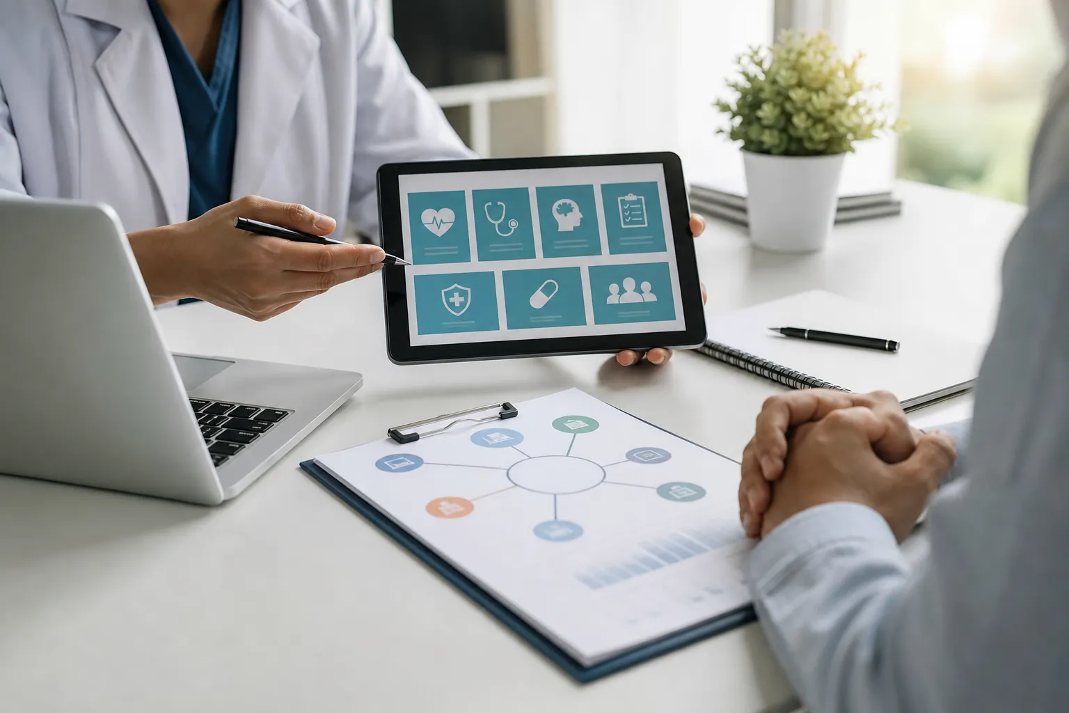 A clinician points to healthcare icons on a tablet across from another person, with a laptop and printed diagram on the desk.