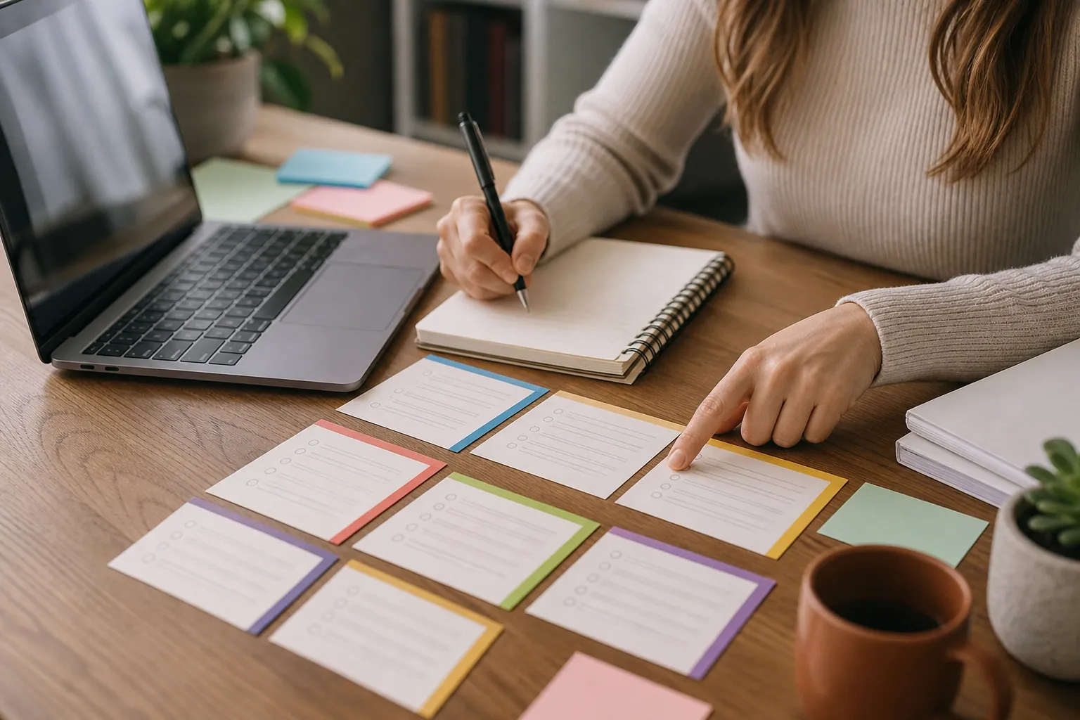A person holds a pen over a spiral notebook while pointing to checklist cards arranged beside a laptop on a wooden desk.