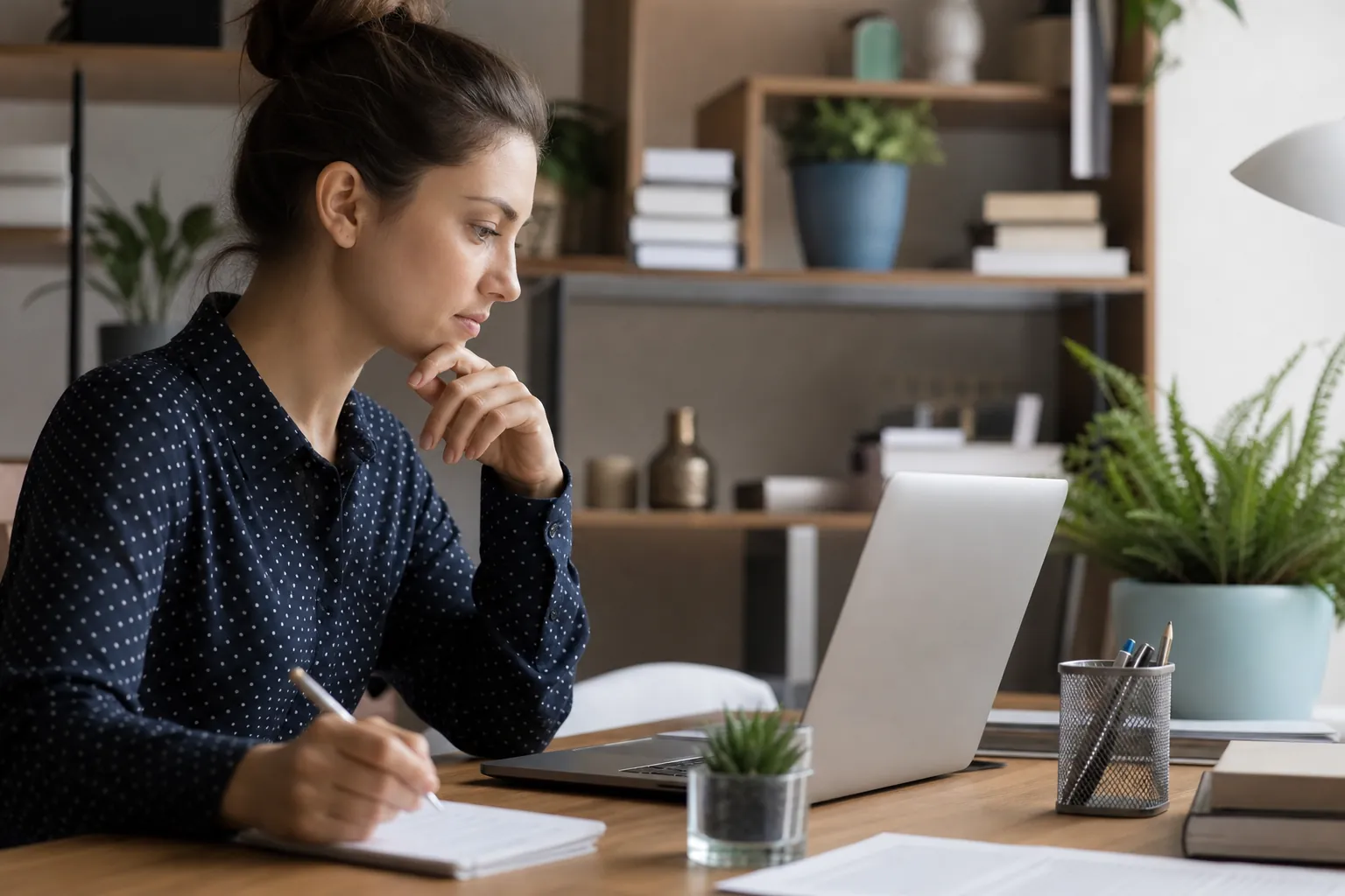A woman writes in a notebook while looking at a laptop at a wooden desk with small plants and a pen holder.