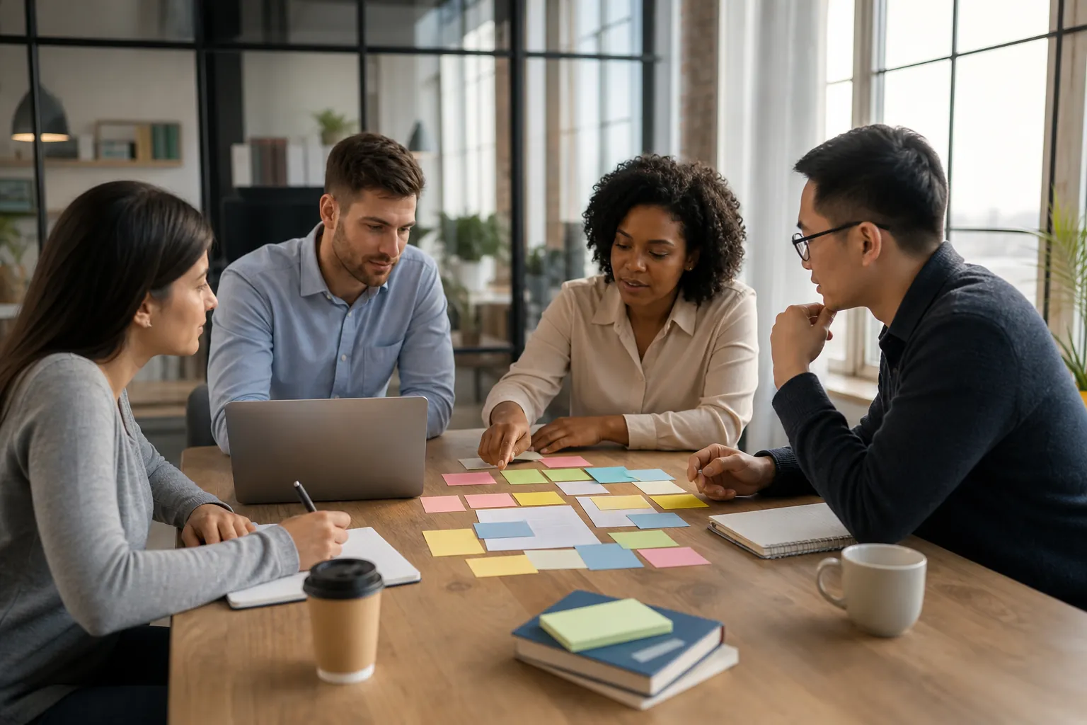 Four colleagues organize colorful sticky notes around a laptop on a wooden table, with notebooks and coffee cups nearby.