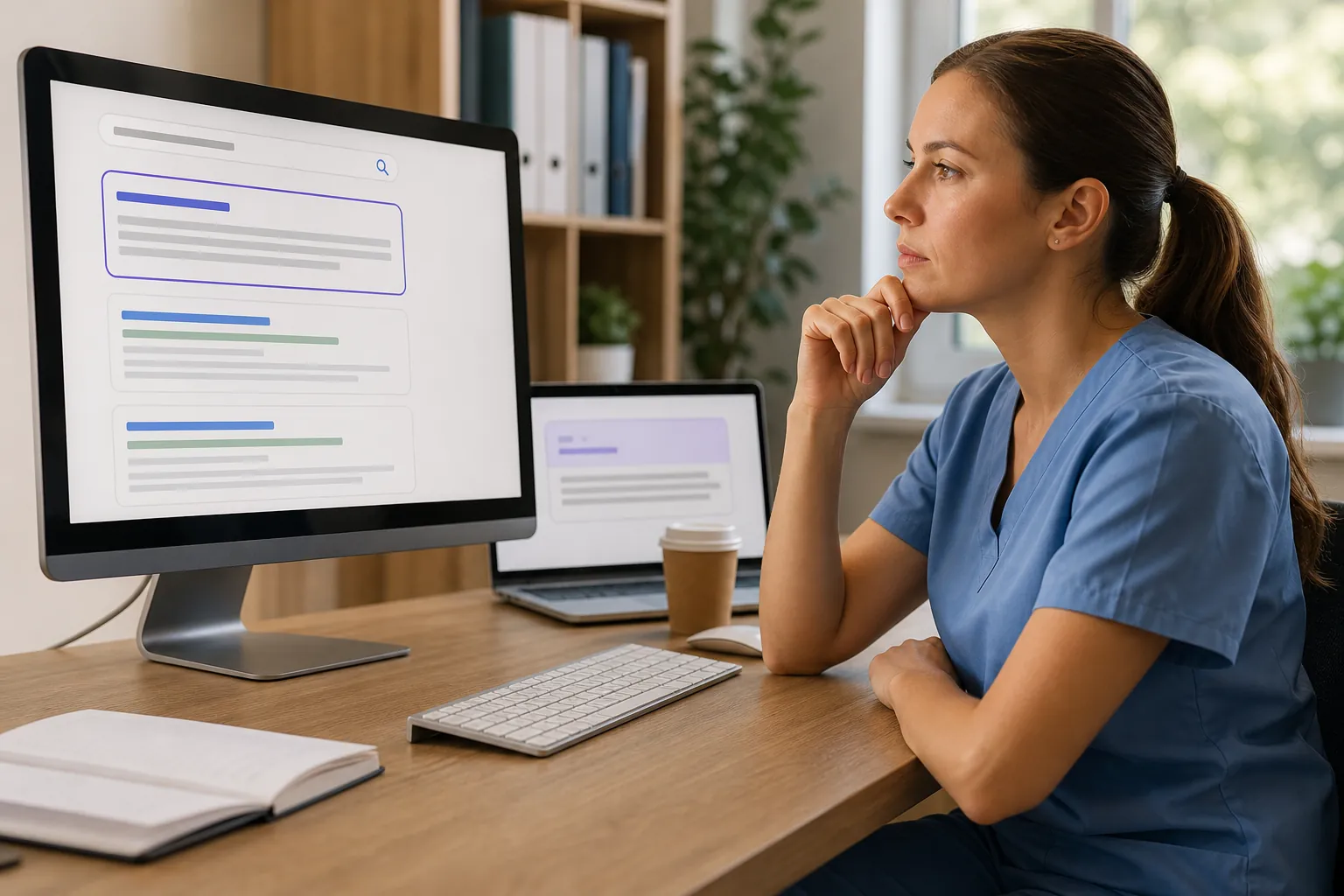 A woman in blue scrubs studies stylized search result cards on a desktop monitor, with a laptop and keyboard on the desk.