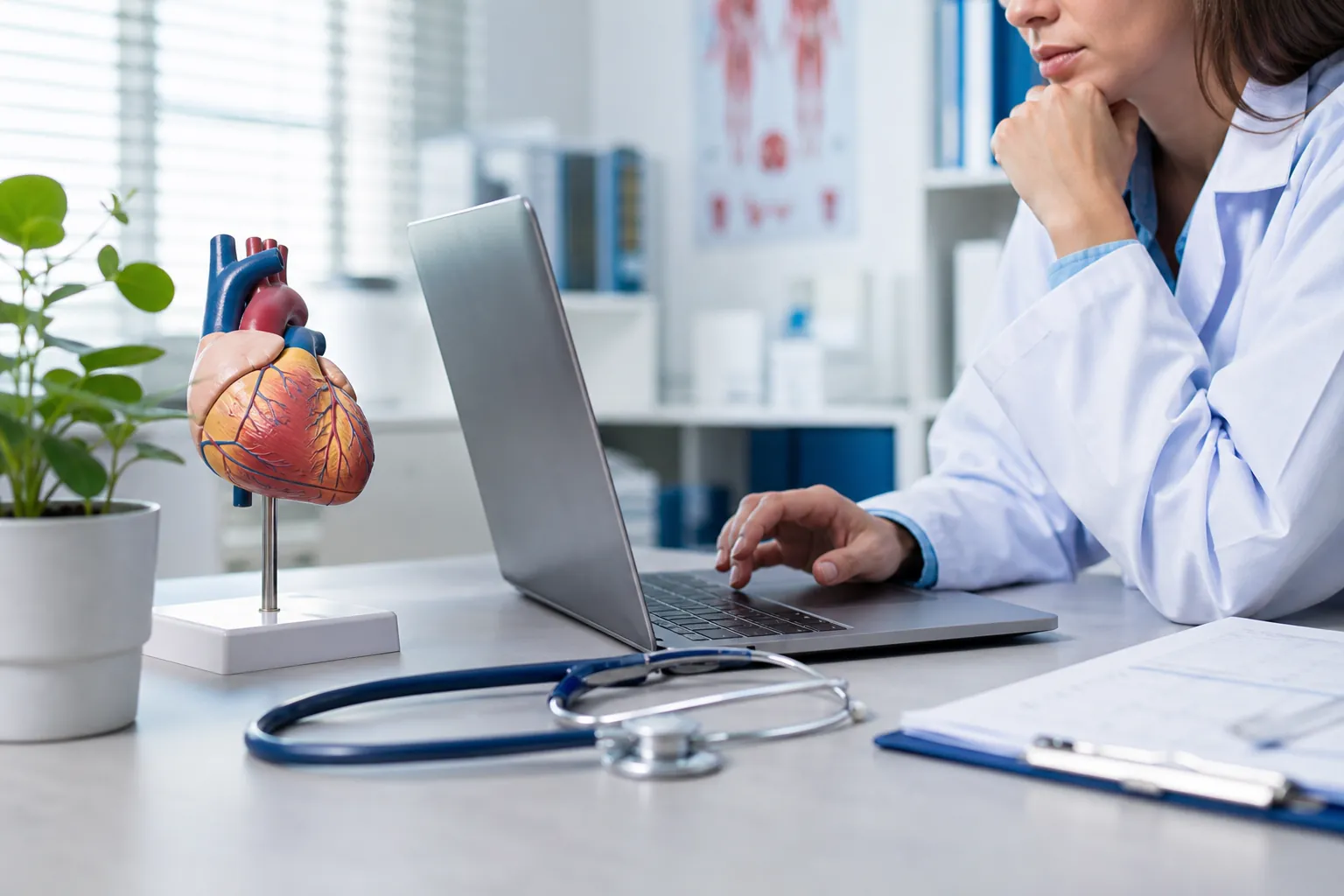A clinician in a white coat uses a laptop beside an anatomical heart model, stethoscope, plant, and clipboard.