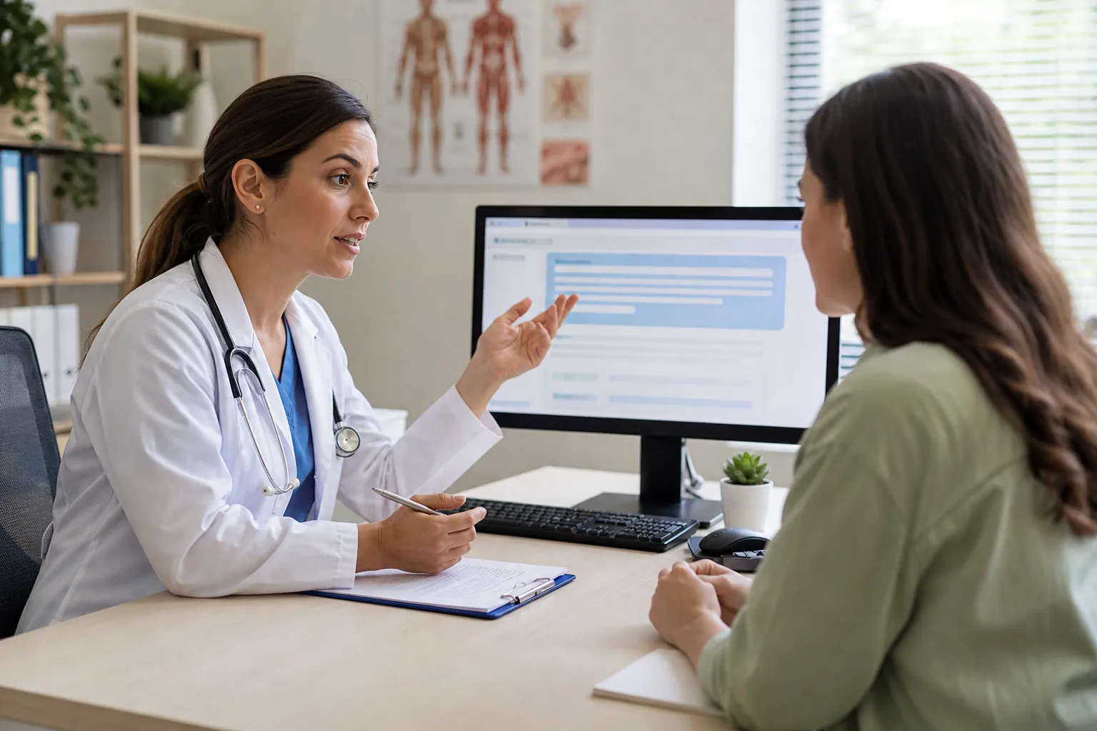 A doctor gestures toward a monitor with a blue highlighted answer panel while speaking with a patient across a desk.