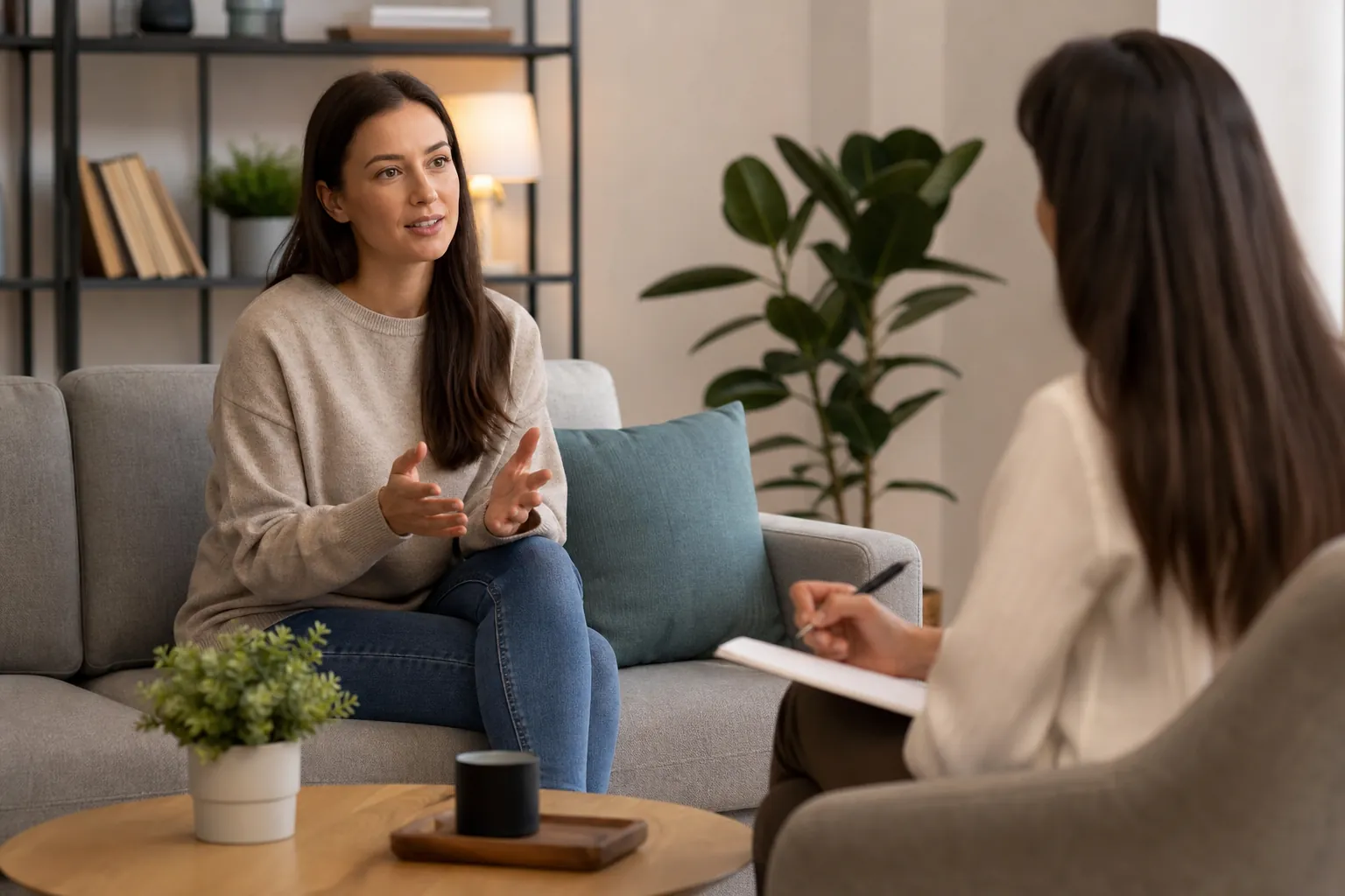 Woman Speaking During a Counseling Session A woman seated on a gray sofa gestures while speaking to another woman holding a pen and notebook in a counseling setting.