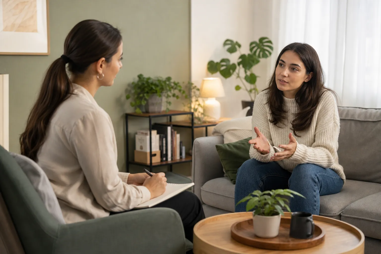 Mental Health Conversation in a Comfortable Office A woman gestures while speaking to another woman taking notes in a softly lit room with a sofa and plants.