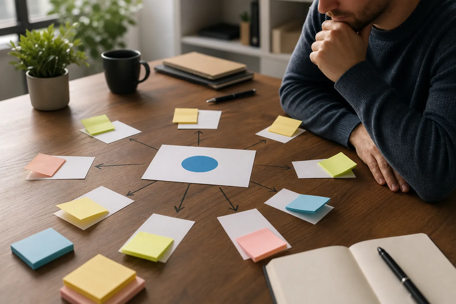Man studies a hand-drawn query fan-out diagram surrounded by colorful sticky notes on a wooden desk.
