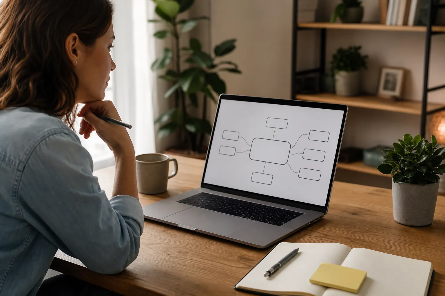 Planning a Primary Query and Search Intent Fan-Out Woman studies a blank query fan-out diagram on a laptop while holding a pen at a desk with a notebook and coffee.