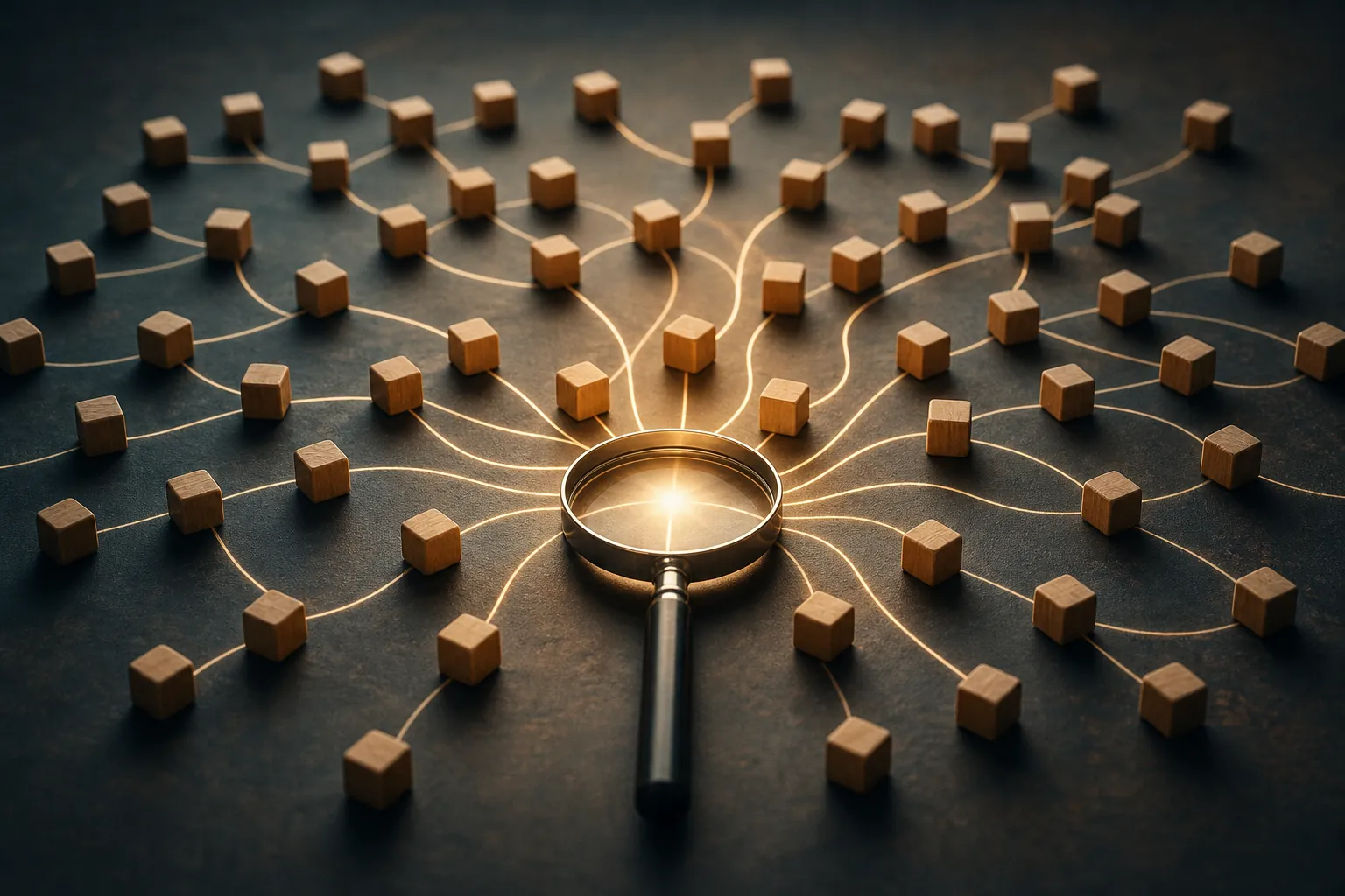 Magnifying Glass Mapping a Query Fan-Out Network Magnifying glass at the center of branching lines connecting many wooden cubes on a dark surface.