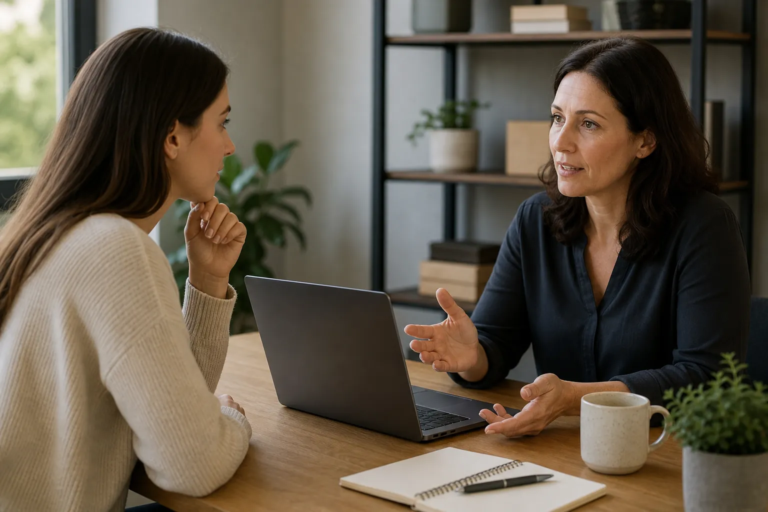 Two women discuss referral questions across a desk with a laptop, notebook, coffee mug, and plants.