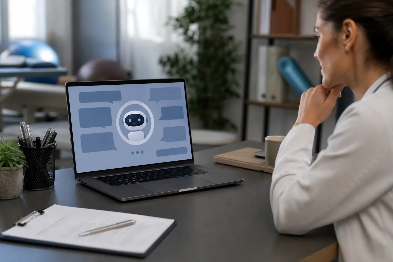 Healthcare professional viewing an AI chatbot interface on a laptop at a clinic desk with a clipboard and pen.