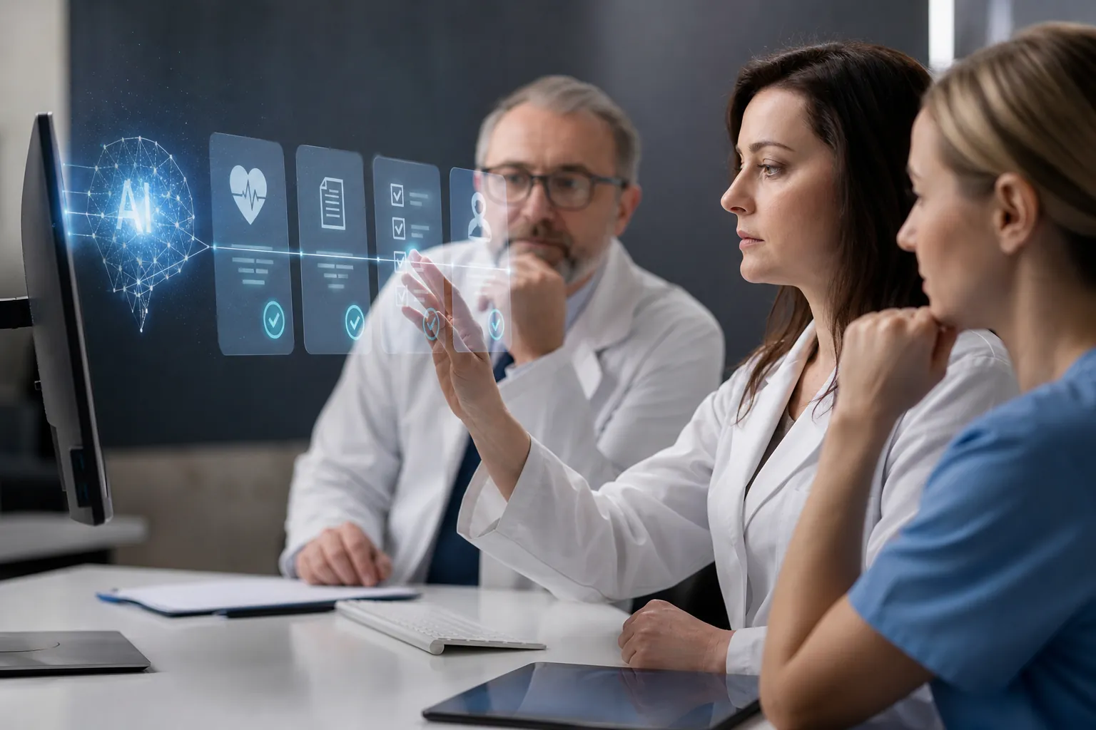 Three healthcare professionals review a floating AI interface with medical, document, and checklist icons beside a desktop monitor.