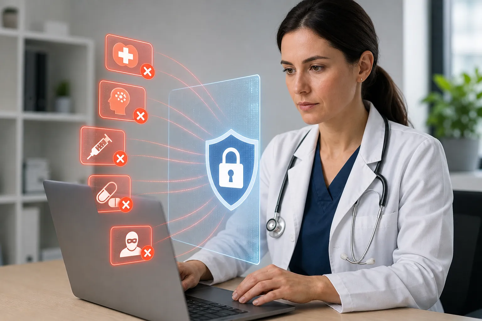 A doctor uses a laptop beside a digital shield and padlock, with red X marks on medical icons suggesting blocked content.
