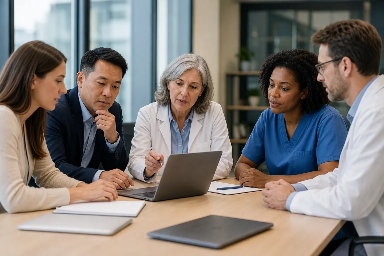 Five colleagues, including two in white coats and one in blue scrubs, gather around a laptop at a conference table.