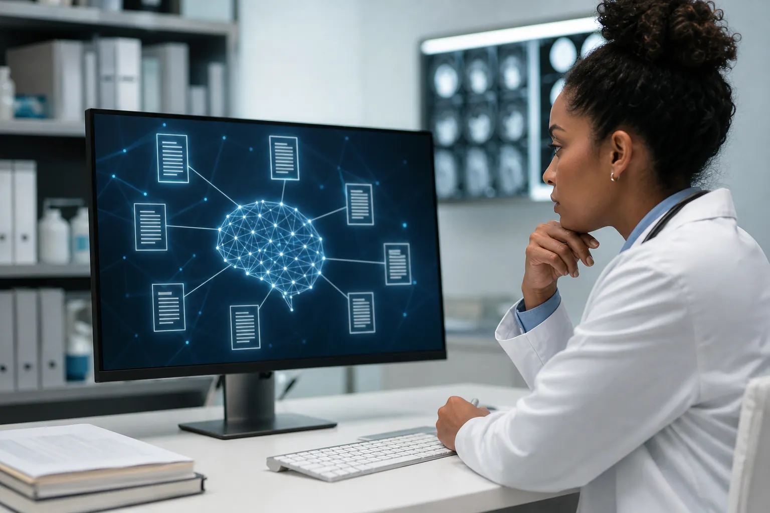 Clinician Reviewing an AI Document Network A clinician in a white coat studies a monitor showing a glowing brain network linked to document icons.