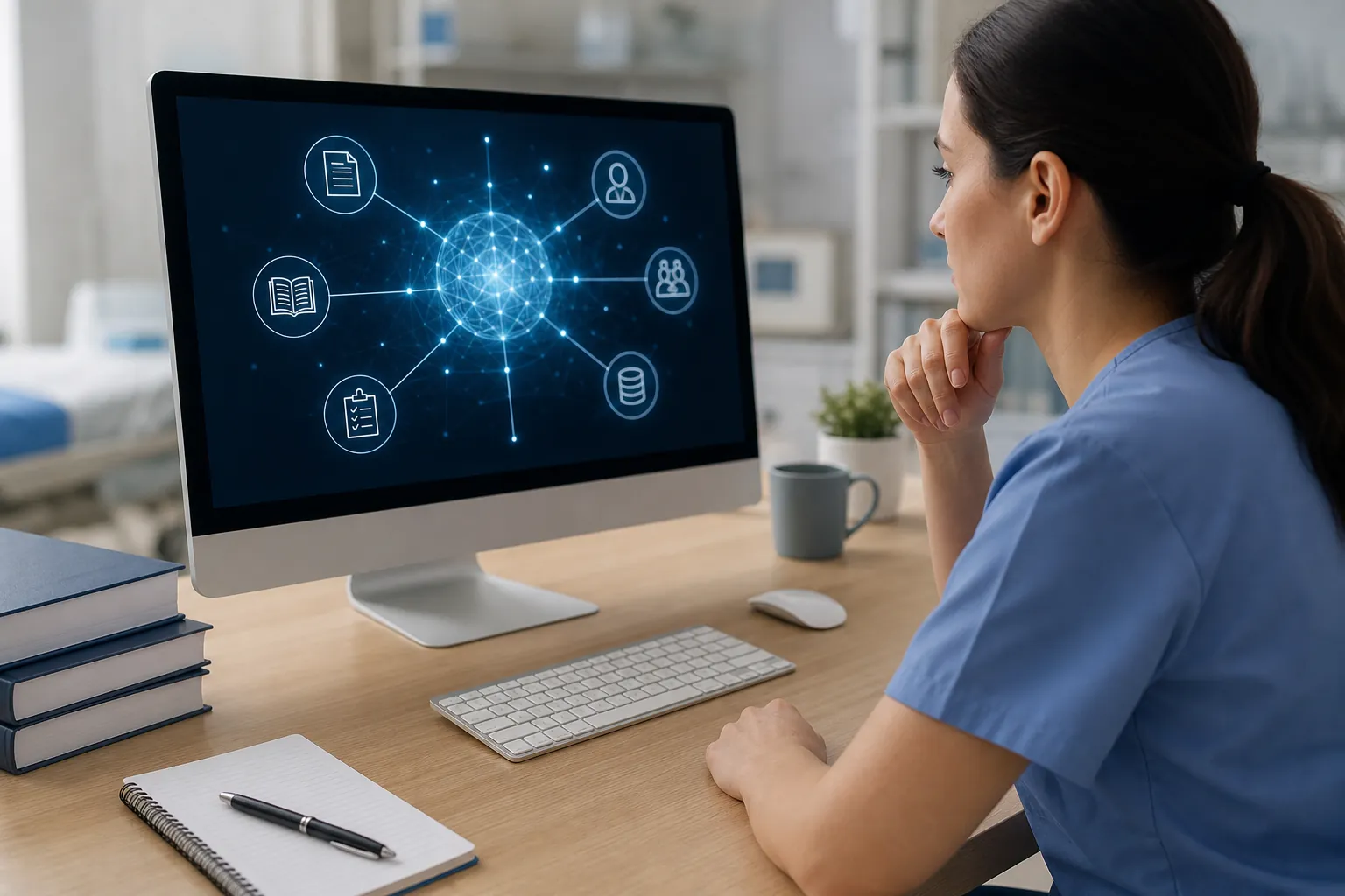 Healthcare Professional Viewing a Digital Source Network A woman in blue scrubs views a glowing network linking document, book, database and healthcare icons on a desktop monitor.