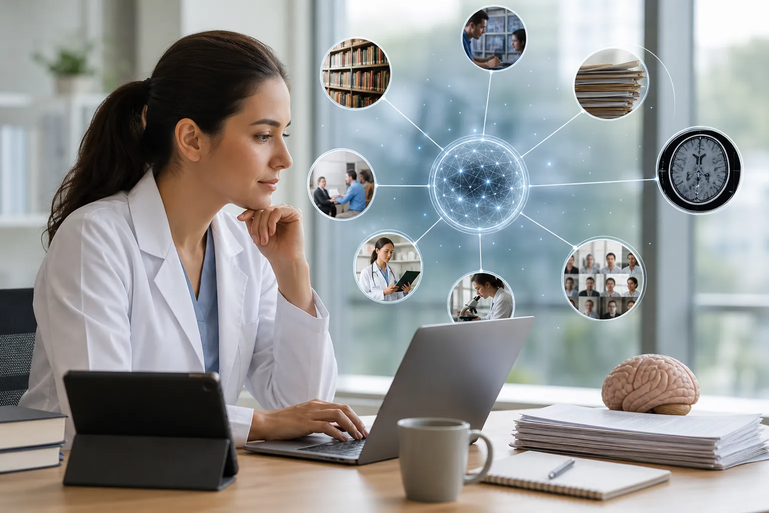 Doctor Exploring Connected Healthcare Information Sources A doctor uses a laptop beside a brain model, with a digital network linking books, documents, medical scans and clinicians.