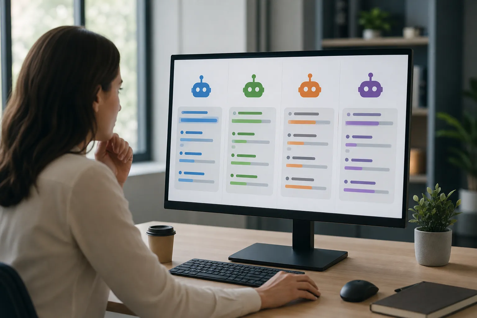 A woman at a desk views four color-coded robot icons and comparison bars on a large monitor.