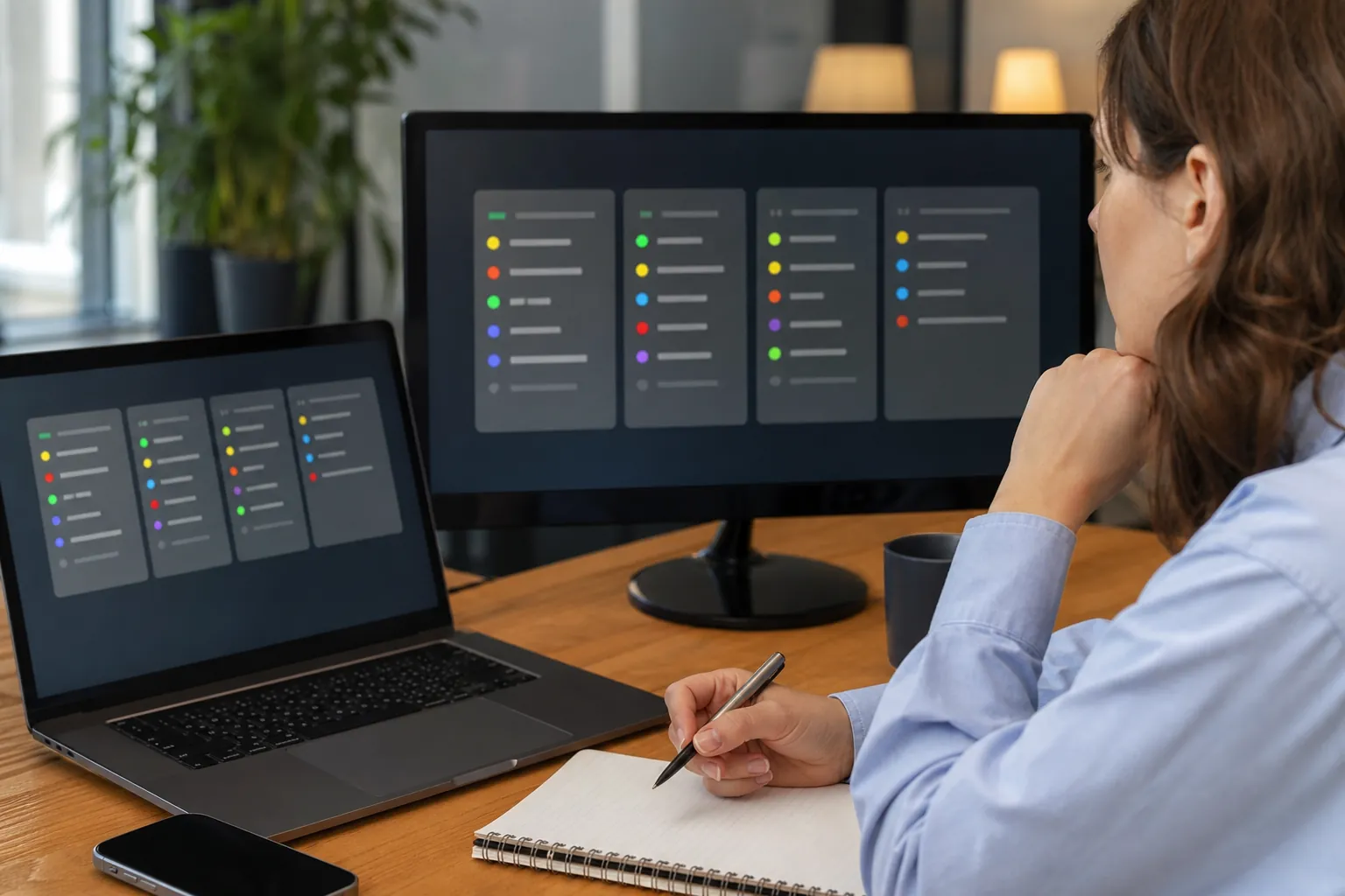A woman holds a pen over a notebook while comparing four-column dashboards on a laptop and desktop monitor.