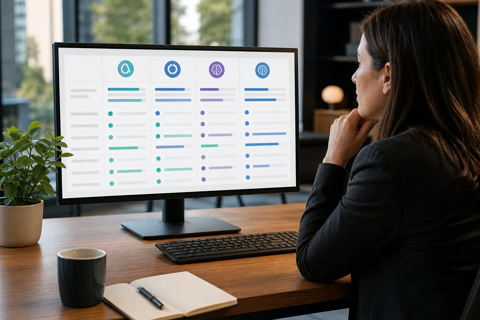 Woman at a wooden desk studies a monitor displaying four comparison columns with colored bars and AI-style icons.