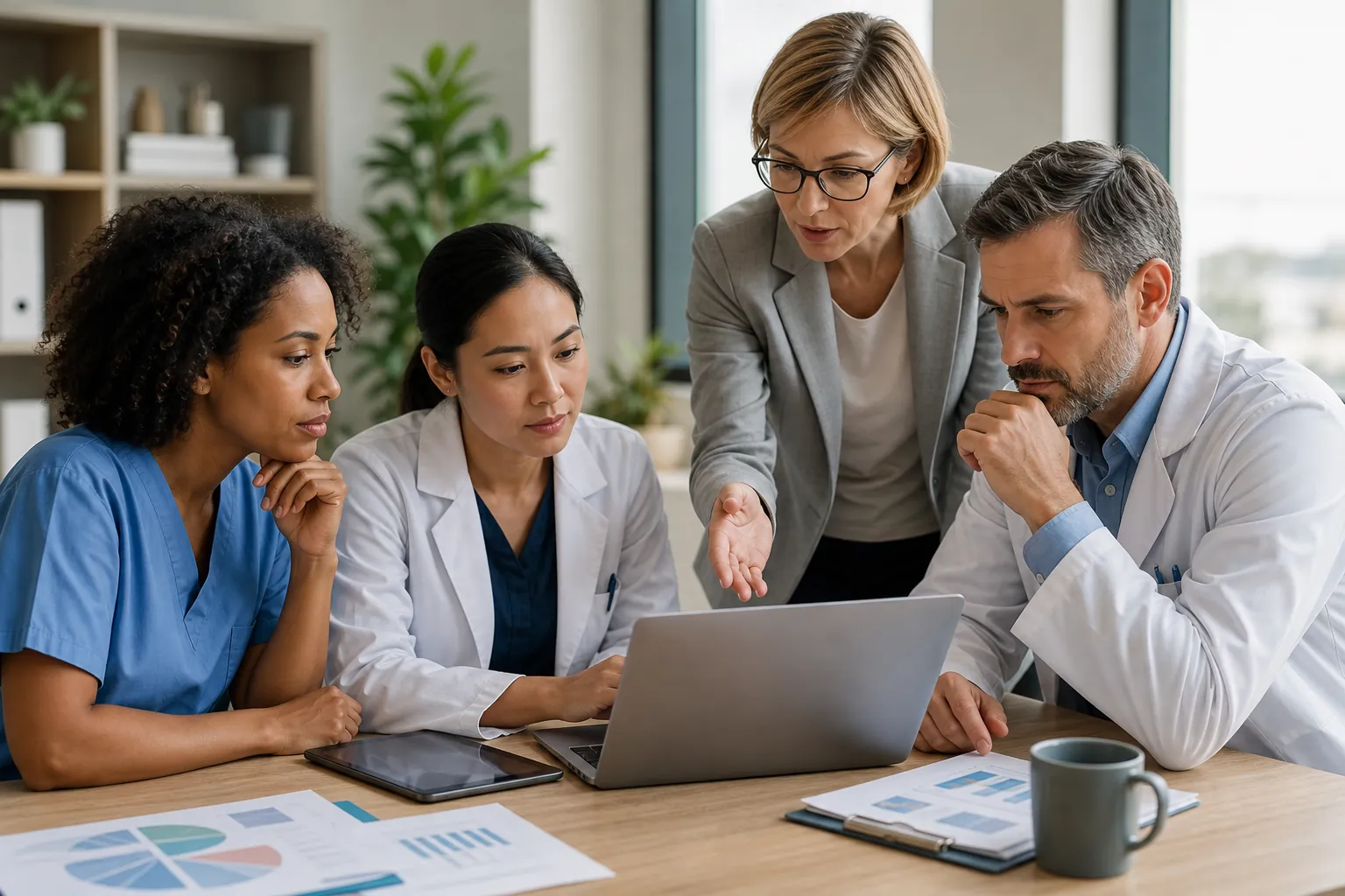 Four healthcare colleagues gather around a laptop at a table with printed charts, a tablet, a clipboard and a mug.