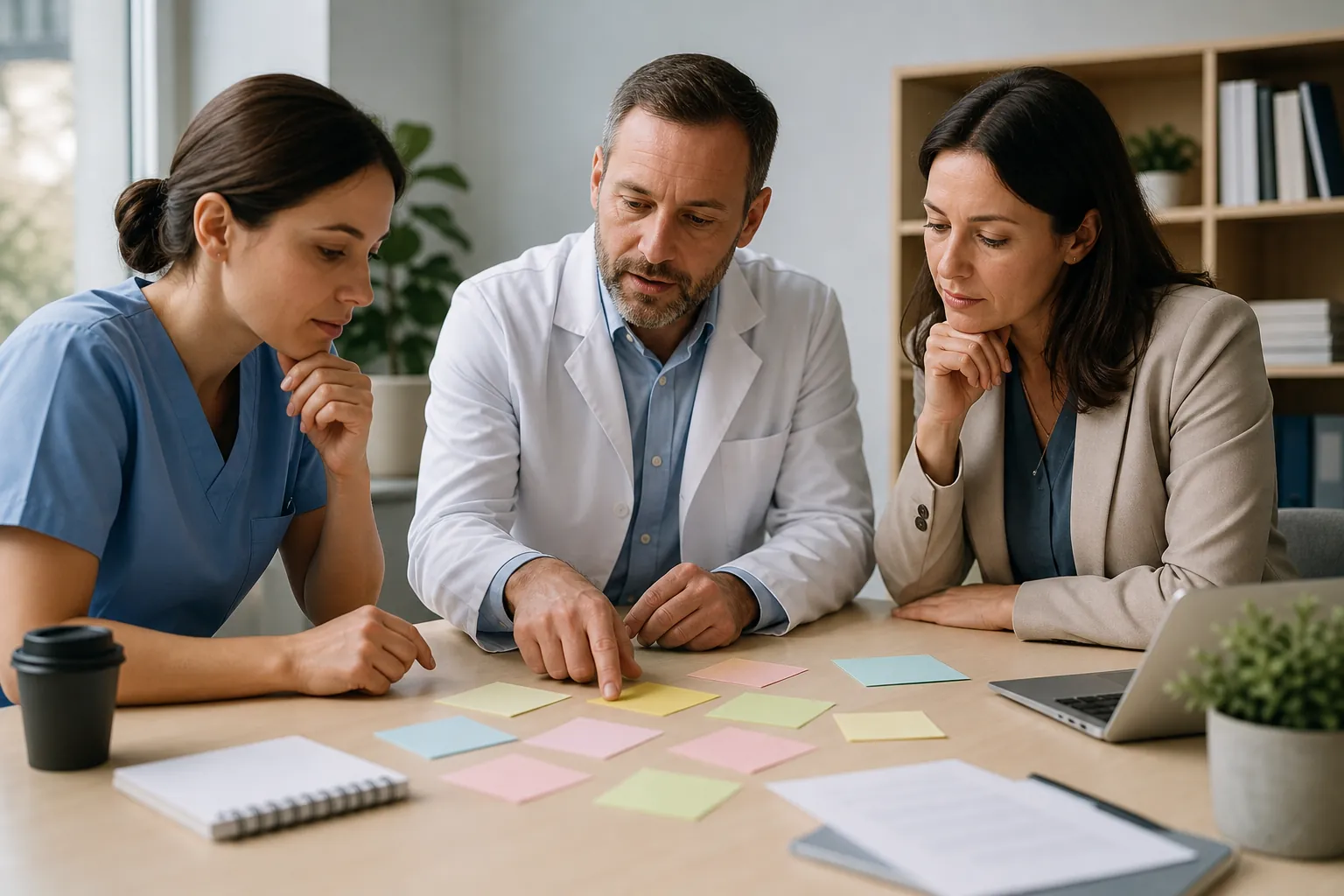 A doctor, a woman in blue scrubs, and a woman in a blazer review pastel sticky notes on a table beside a laptop.