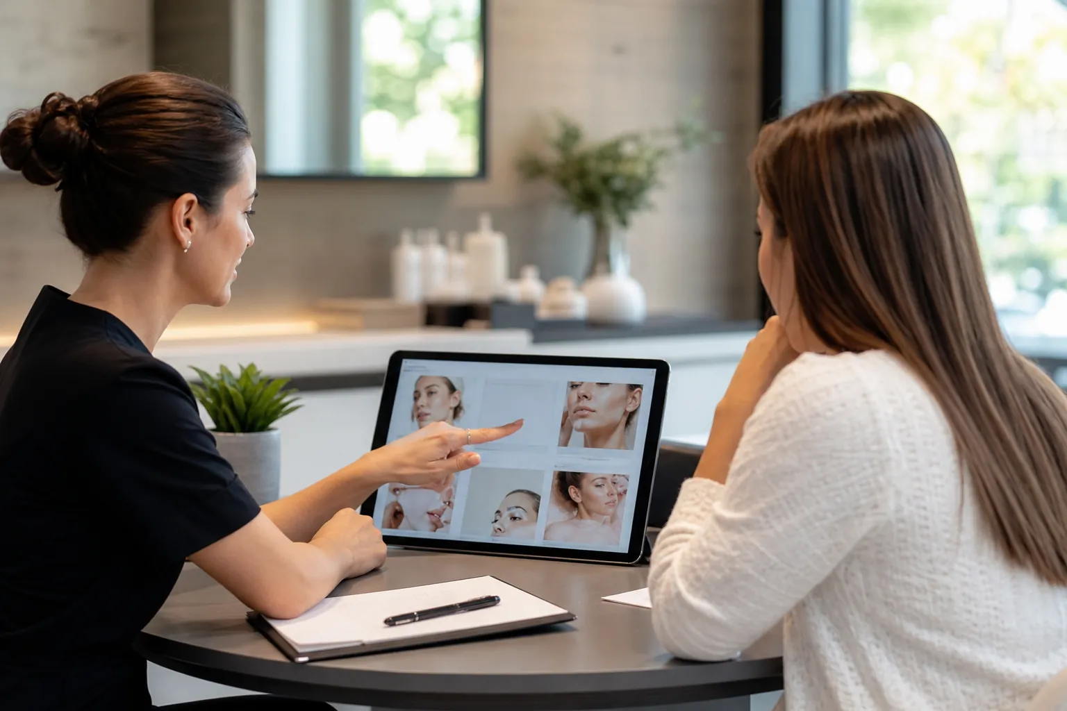 Med Spa Consultation With Facial Treatment Photos A med spa professional points to facial treatment photos on a tablet while consulting with a woman across a round table.