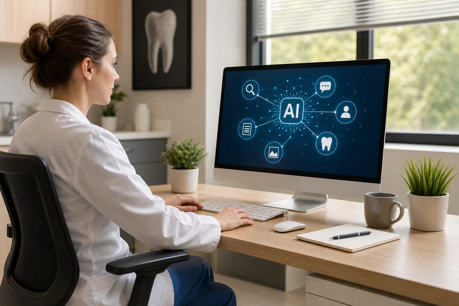 Woman in a white coat at a desk viewing a monitor with AI lettering linked to search, chat, and tooth icons.