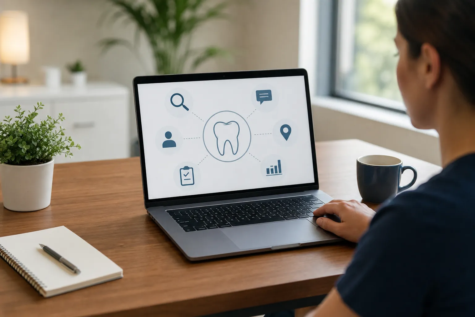 A person views a laptop displaying a tooth linked to search, chat, location, profile, checklist, and chart icons.