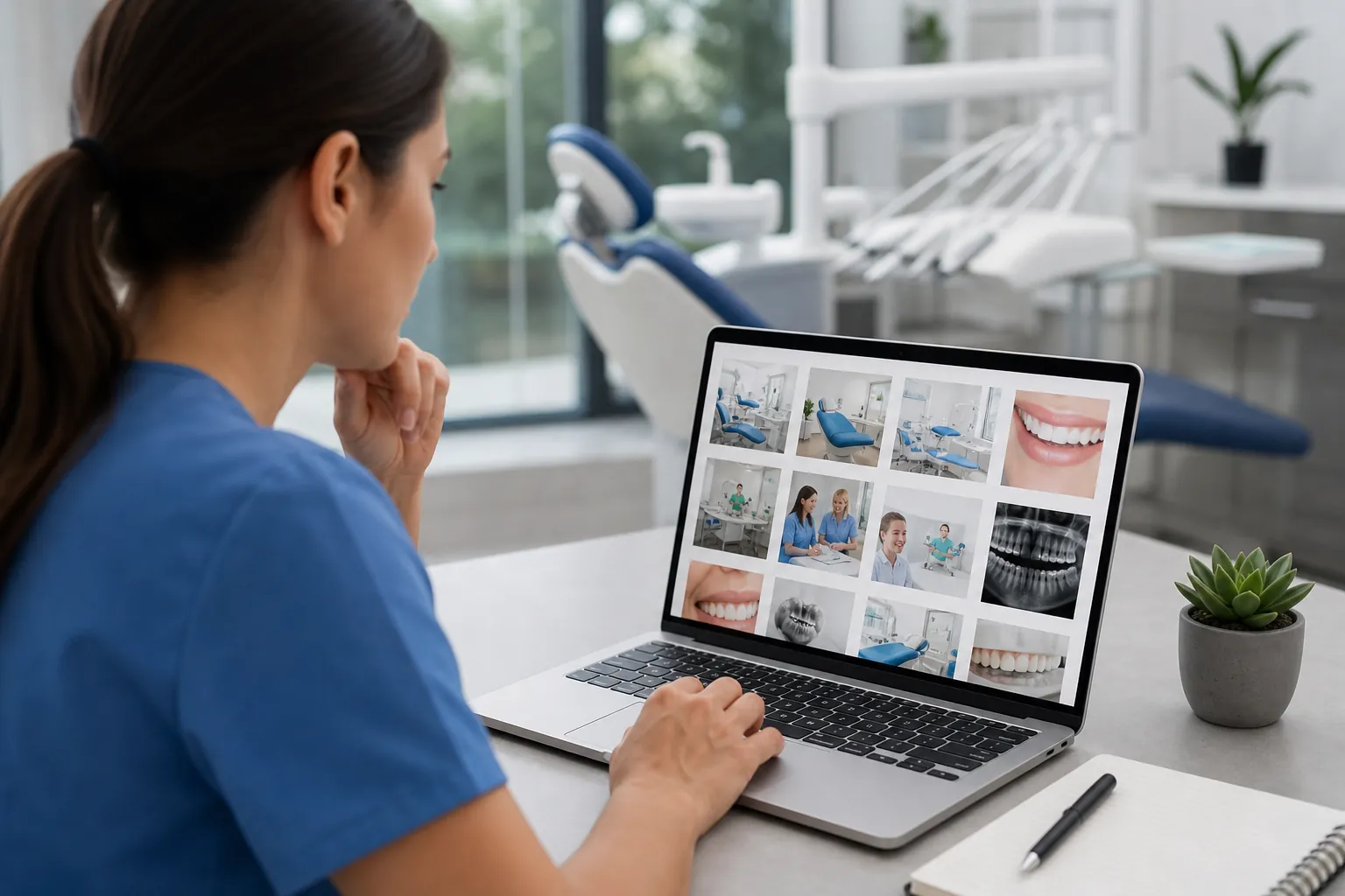 A woman in blue scrubs views dental clinic, smile, and X-ray images on a laptop beside a dental chair.