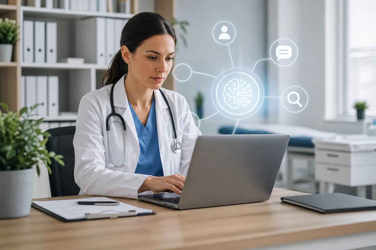 Doctor Using a Laptop With AI and Search Icons Doctor wearing a stethoscope works on a laptop in a clinic, with floating AI brain, search, user and chat icons beside her.