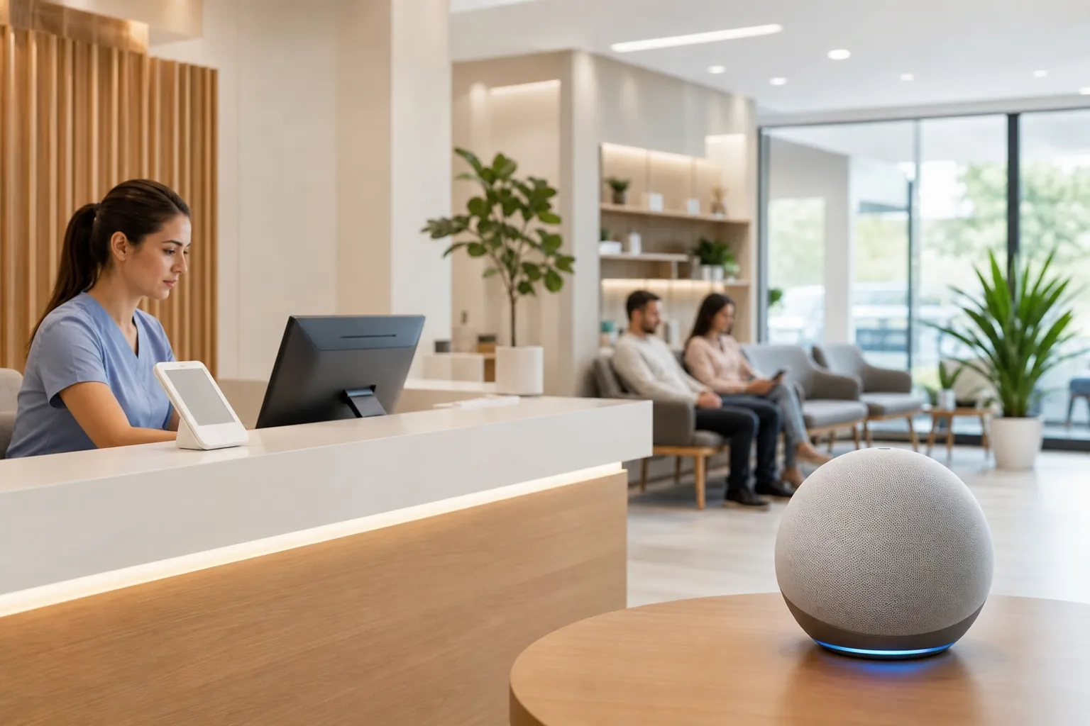 Smart Speaker in a Modern Clinic Reception Area A spherical smart speaker sits on a table in a modern clinic lobby, with a receptionist and two seated patients behind it.