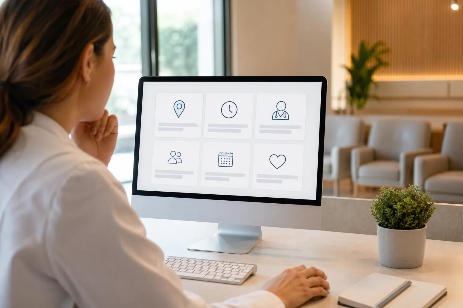 Clinic Information Icons on a Desktop Screen A woman in a white coat views a desktop screen with location, hours, doctor, people, calendar and heart icons in a clinic.