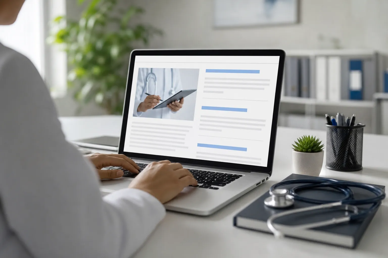 A person in a white coat uses a laptop displaying a healthcare page, with a stethoscope resting on a book beside it.