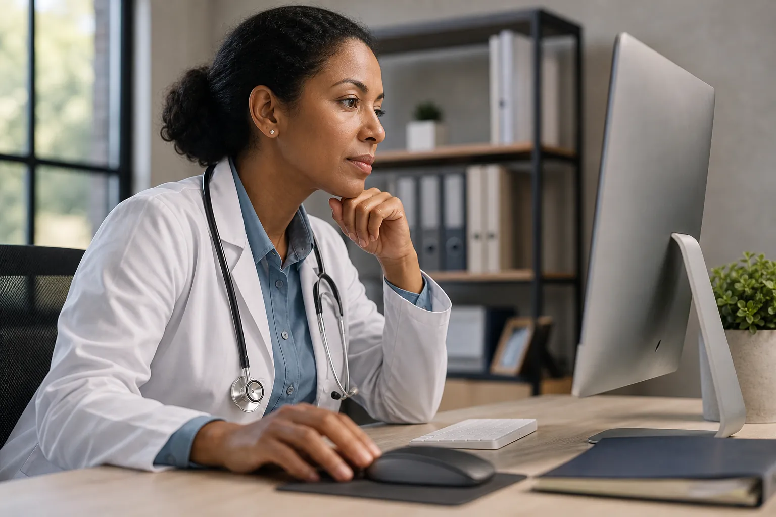 A doctor wearing a white coat and stethoscope studies a desktop monitor, resting one hand under her chin and the other on a mouse.