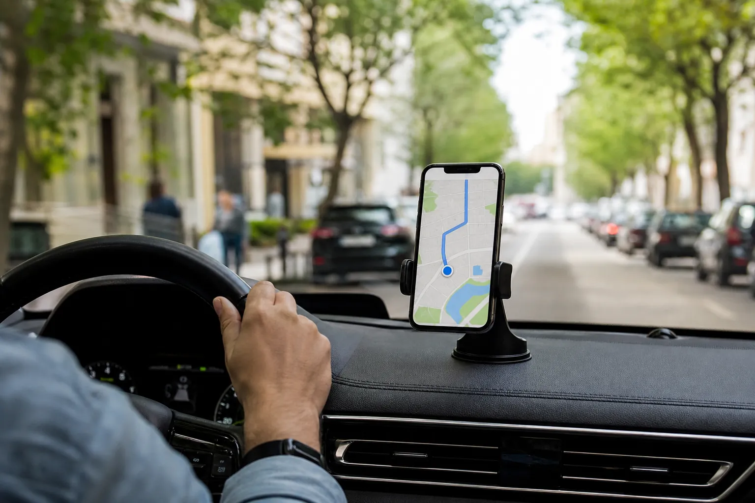 Driver holding a steering wheel beside a dashboard-mounted phone displaying a navigation route on a city street.